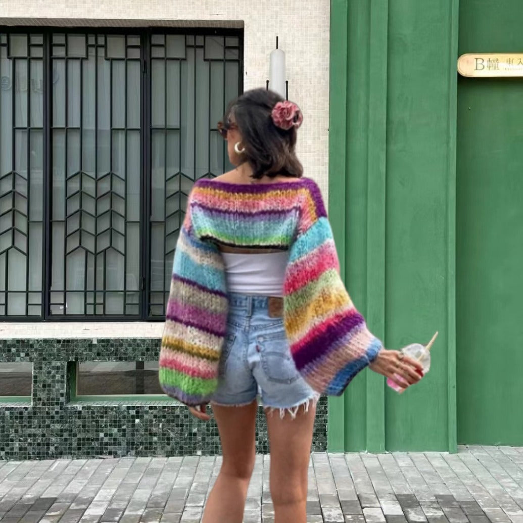 Damen Strickpullover im bunten Design mit weiten Ärmeln EB