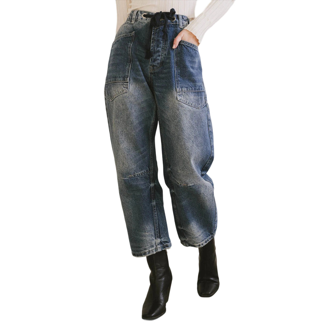 Damen nan lässige Cargo-Denim Culotte mit Kordelbund und großen aufgesetzten Taschen EB