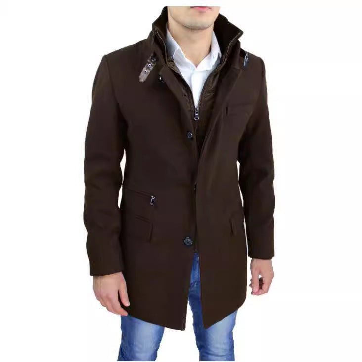 Herren modischer Wollmantel mit hohem Kragen und praktischen Details EB