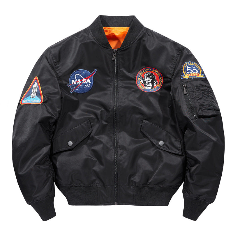Men's  nylon flight-style bomber with embroidered space patches and contrast orange lining EB