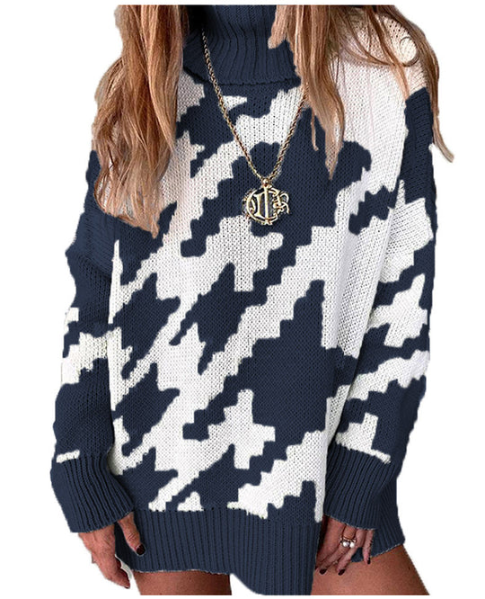 Damen Grobstrickpullover mit hohem Kragen und modernem geometrischen Muster EB
