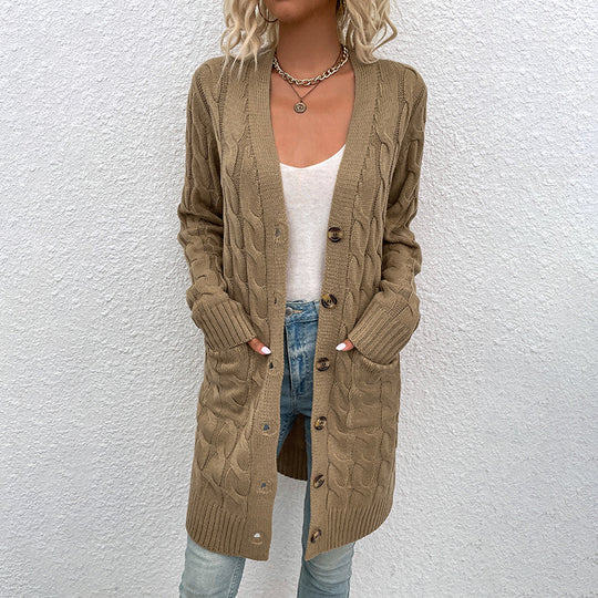 Damen Strickjacke mit tiefem V-Ausschnitt und elegantem Zopfmuster EB