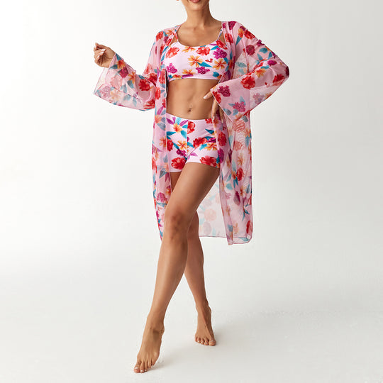Damen Badeanzug Set mit floralem Oberteil und transparentem Strandüberwurf EB