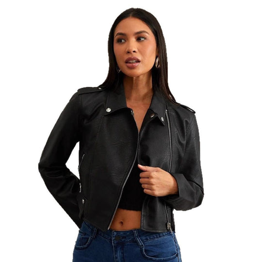 Damen modische Bikerjacke aus Kunstleder mit stilvollem Reißverschluss EB