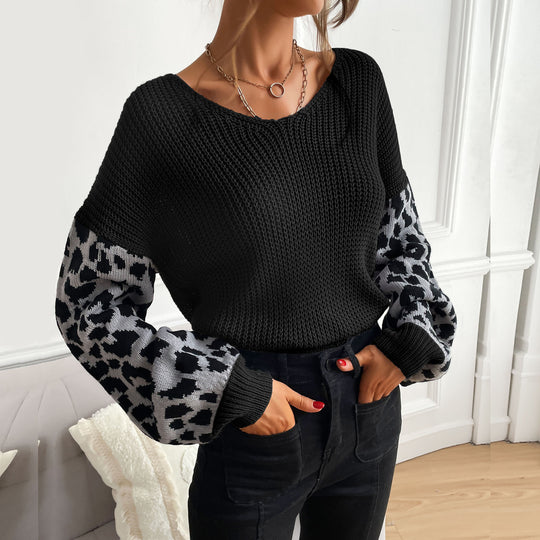 Damen Strickpullover mit modischem Leopardenmuster an den Ärmeln EB
