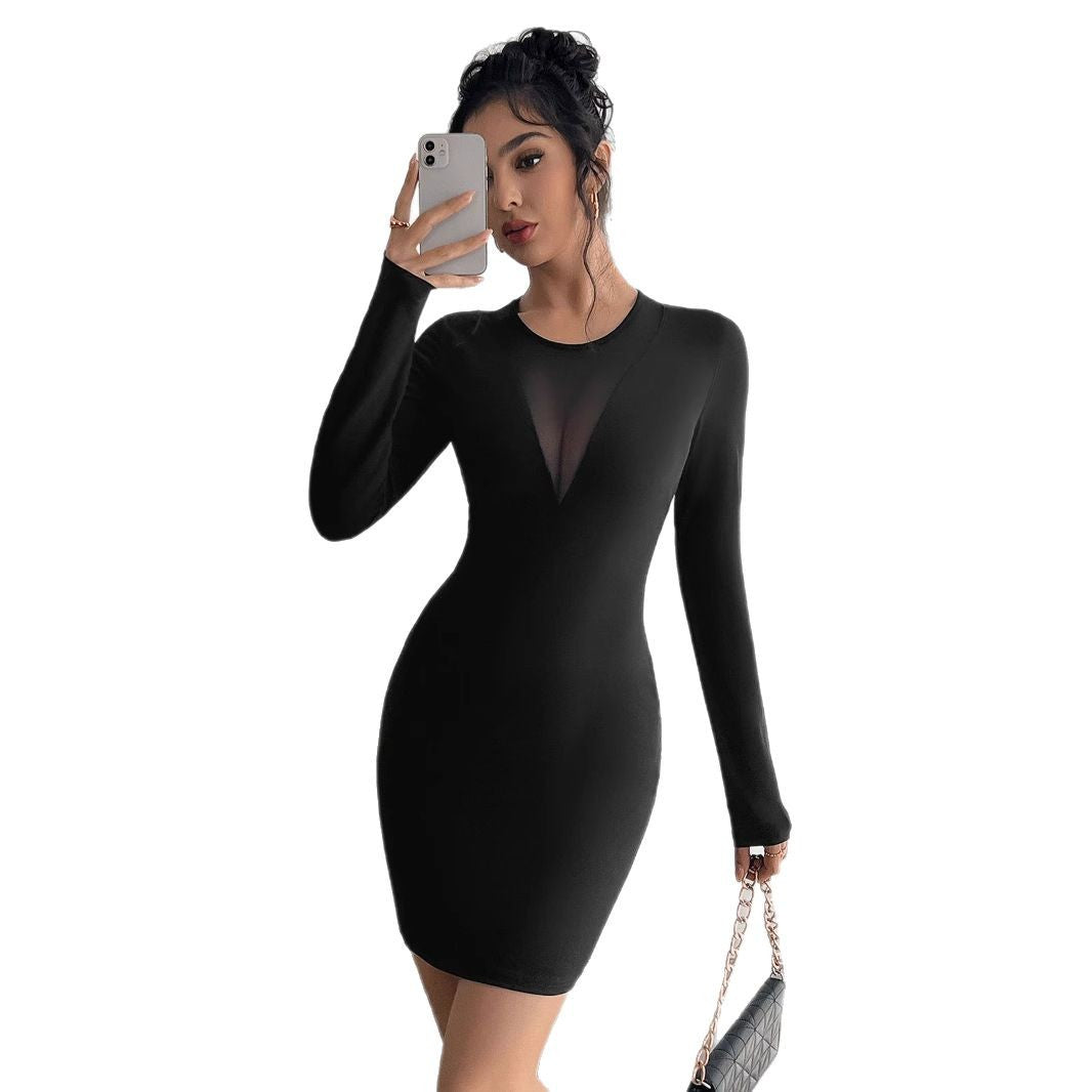 Damen Longsleeve Kleid mit tiefem V-Ausschnitt und transparentem Einsatz EB