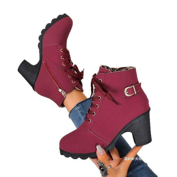 Damen nan knöchelhohe Schnür-Stiefelette mit seitlichem Reißverschluss, dekorativer Gürtelschlaufe, mittelhohem Blockabsatz und profilstarker Laufsohle EB