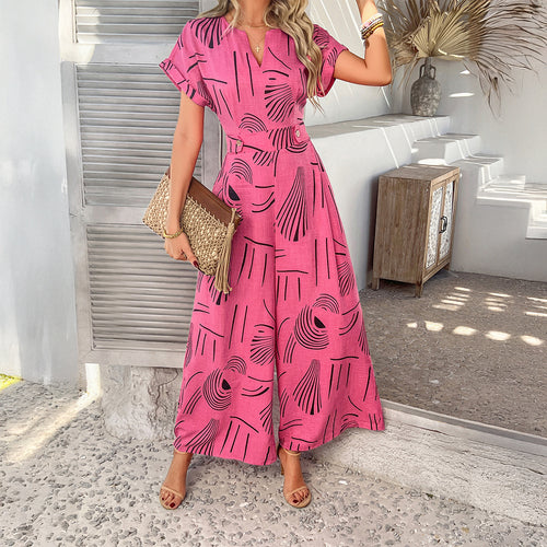 Damen Maxikleid mit modernen grafischen Mustern und elegantem V-Ausschnitt EB