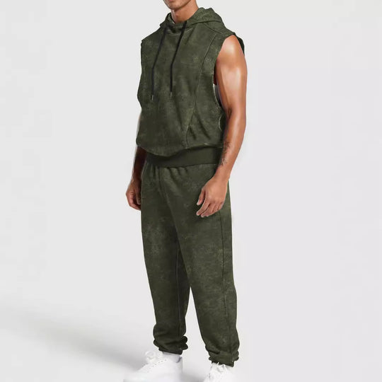 Herren nan ärmelloses Kapuzensweat-Set in Veloursoptik mit elastischer Jogginghose und gerippten Abschlüssen EB