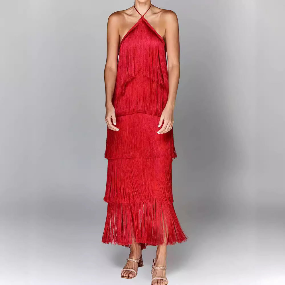 Damen Elegantes Fransen-Maxikleid mit schimmerndem Detail und raffinierter Passform EB