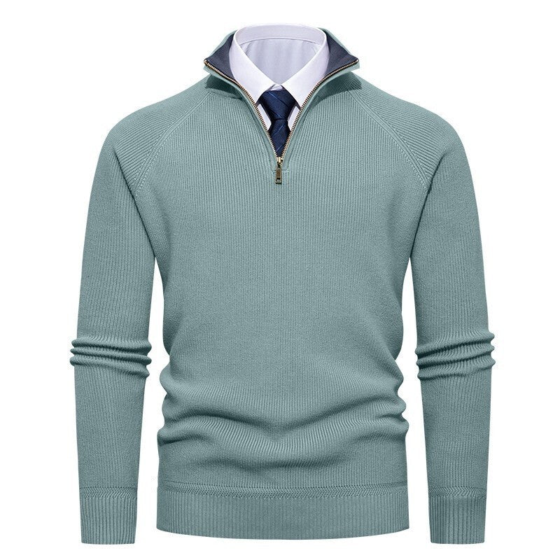 Herren nan feiner Strickpullover mit Halbzip, strukturierter Rippoptik und innen kontrastiertem Stehkragen EB