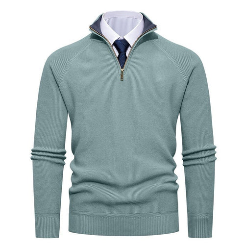 Herren nan feiner Strickpullover mit Halbzip, strukturierter Rippoptik und innen kontrastiertem Stehkragen EB