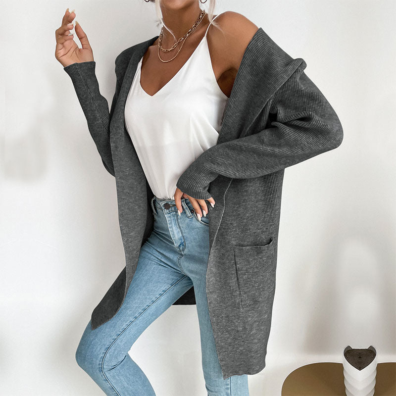 Damen Langärmlige Strickjacke mit Kapuze und seitlichen Taschen EB