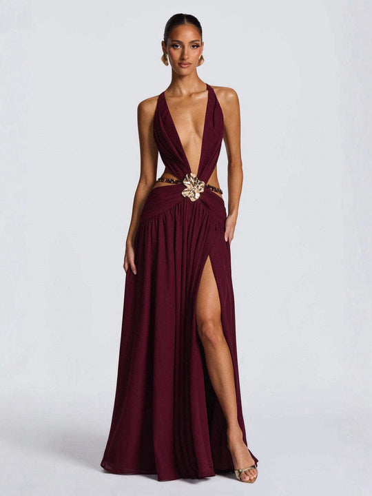 Damen Maxikleid mit tiefem V-Ausschnitt und elegantem Wickeldesign EB