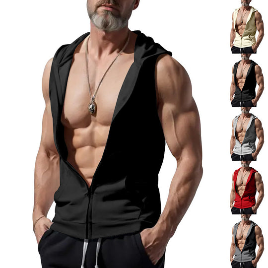 Herren ärmelloses Zip-Hoodie mit tiefem V-Ausschnitt und atmungsaktivem Material EB