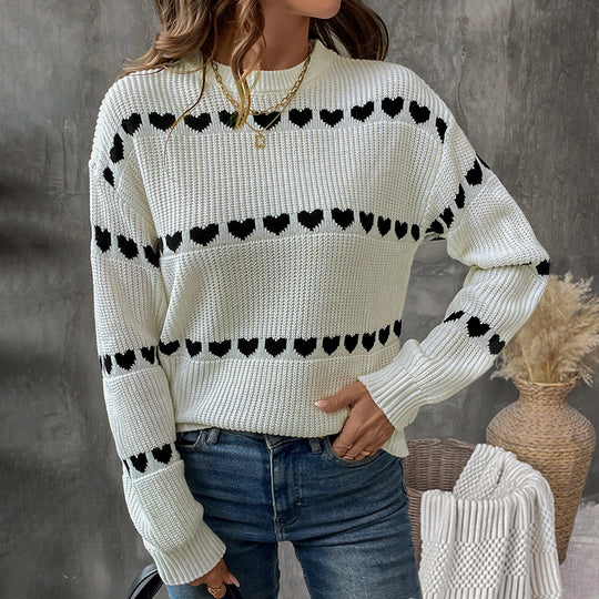 Damen Strickpullover mit Herzmuster und Rundhalsausschnitt EB
