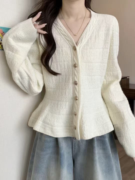 Damen elegante Strickjacke mit strukturiertem Design und femininen Puffärmeln EB