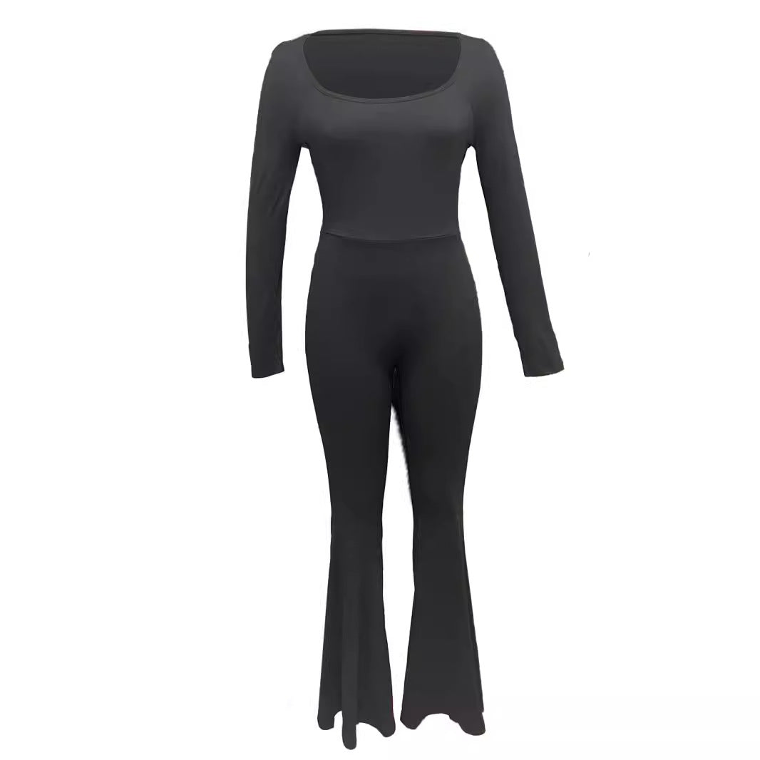 Damen Langarm Jumpsuit mit elegantem Quadrat-Ausschnitt und weitem Bein EB