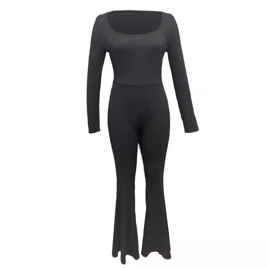 Damen Langarm Jumpsuit mit elegantem Quadrat-Ausschnitt und weitem Bein EB