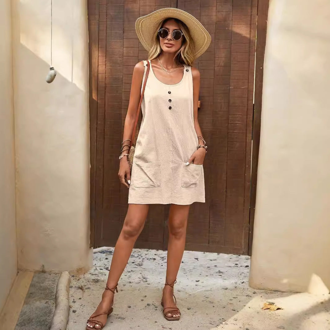 Damen Lässiges Sommerkleid mit Taschen und Knopfdetails EB