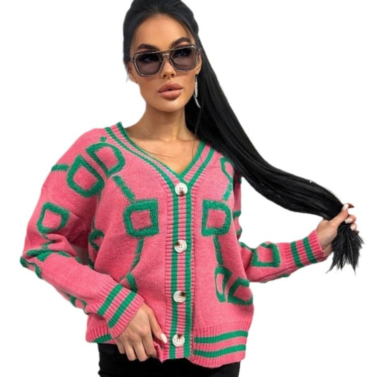 Damen kurz geschnittener Strickcardigan mit geometrischem Muster und Knopfdetails EB