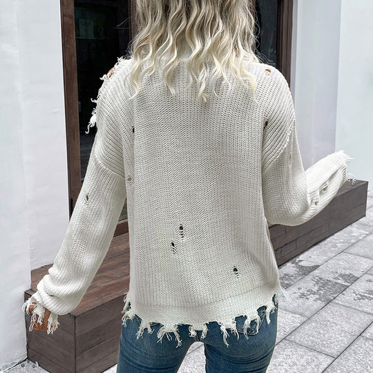 Damen lässiger Strickpullover mit lässigem Lochdesign und weiten Ärmeln EB