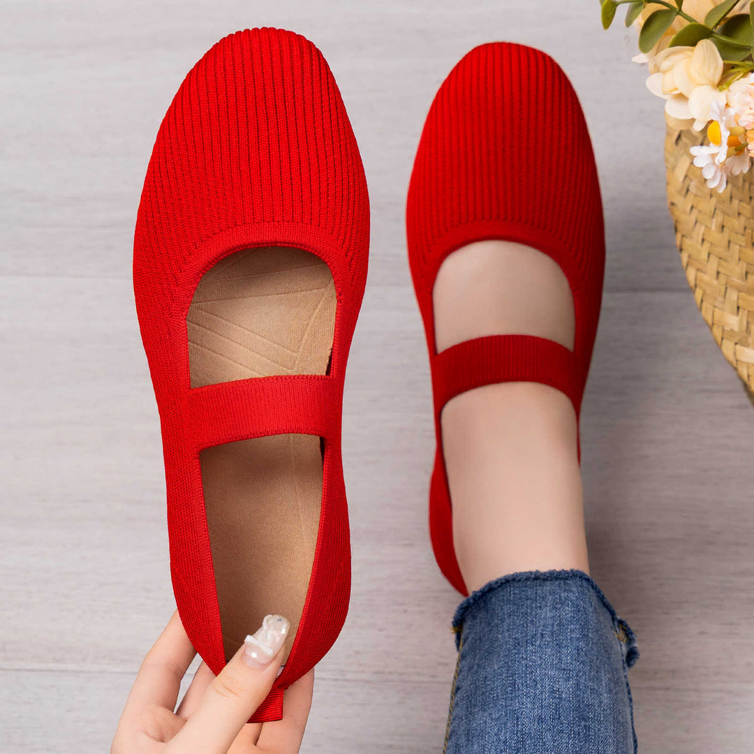 Damen Flexibele Strick Ballerinas mit verstellbarem Riemen EB
