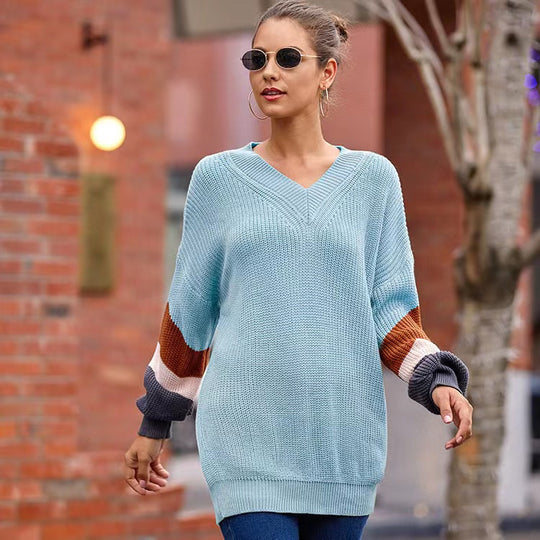 Damen Strickpullover mit V-Ausschnitt und farblich abgestimmten Ärmeln EB