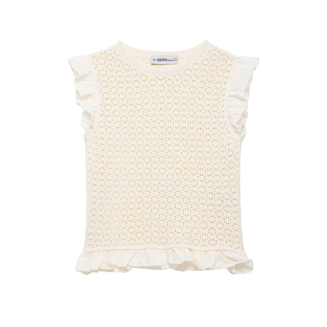Damen Rüschenshirt mit feiner Lochstickerei und gerafftem Saum EB