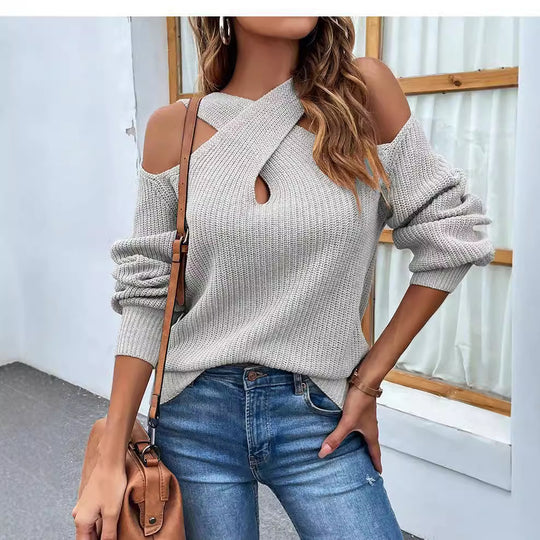 Damen Strickpullover mit asymmetrischem Ausschnitt und offenen Schultern EB