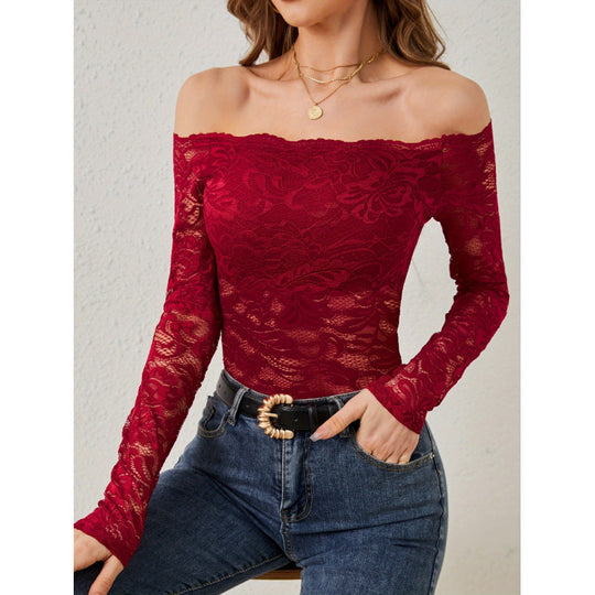 Damen Spitzenbody mit schulterfreiem Design und langen Ärmeln EB