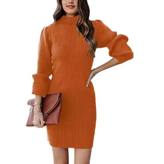 Damen Strickkleid mit hohem Kragen und Puffärmeln EB