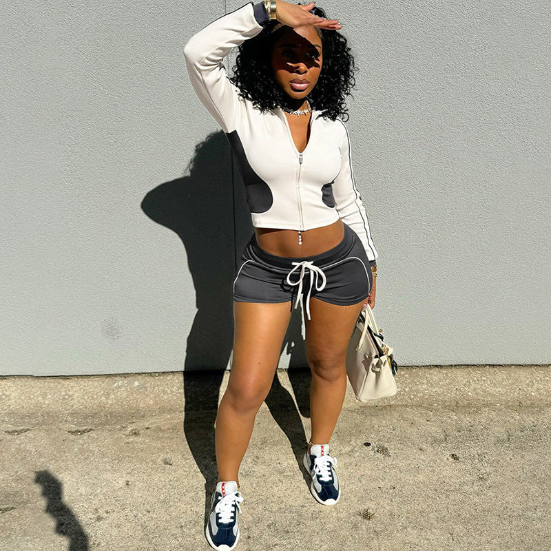 Damen Sportliches Kurzarm-Set mit Reißverschluss und Shorts EB
