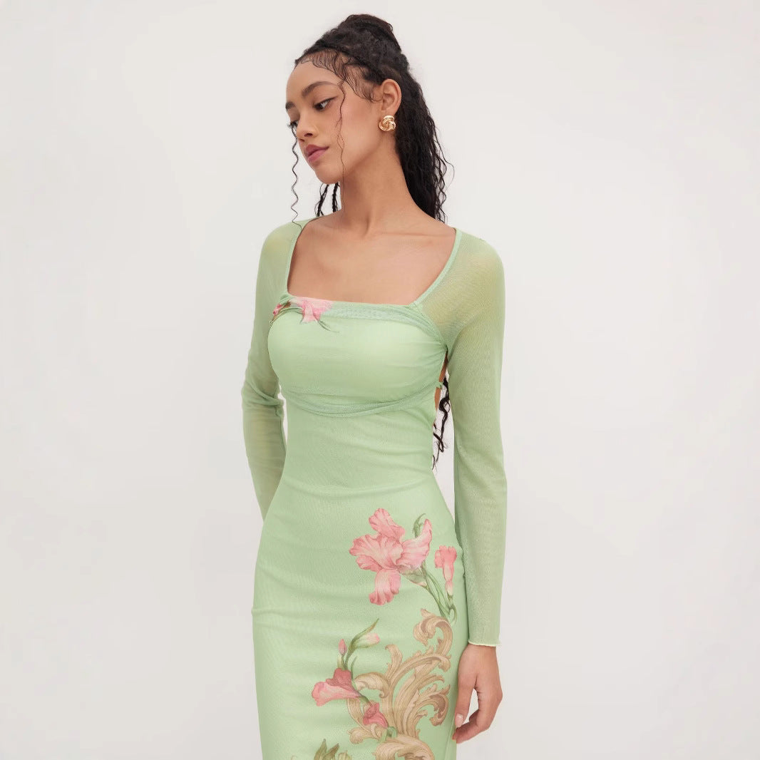 Damen elegantes Midikleid mit floralem Design und transparenten Longsleeves EB