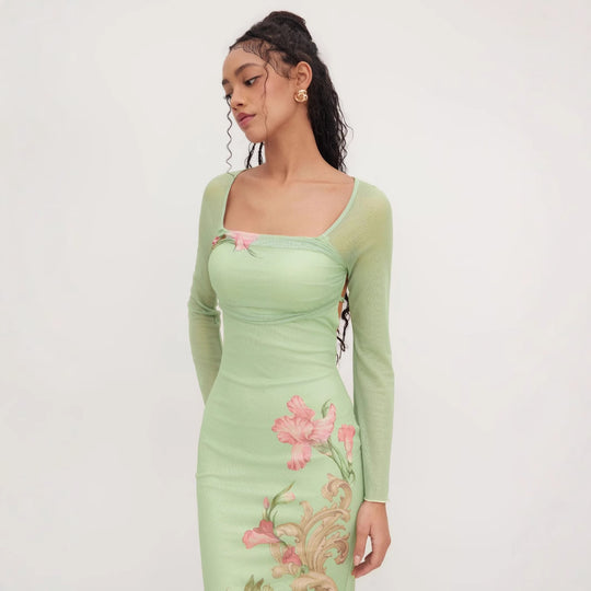 Damen elegantes Midikleid mit floralem Design und transparenten Longsleeves EB