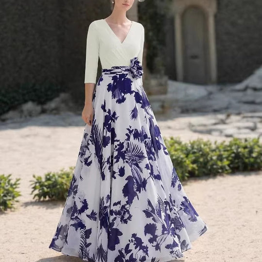 Damen Florales Maxikleid mit Wickeloberteil, dreiviertel-Ärmeln und ausgestelltem Rock EB
