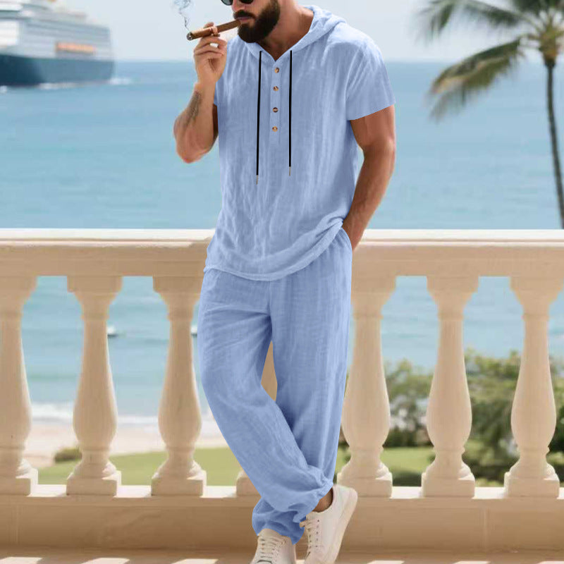 Herren komfortables Freizeit-Set mit modischem Henley-Oberteil und lockeren Hosen EB