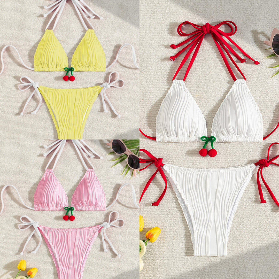Damen Ripp-Design Triangel-Bikini mit verspieltem Kirschen-Detail EB