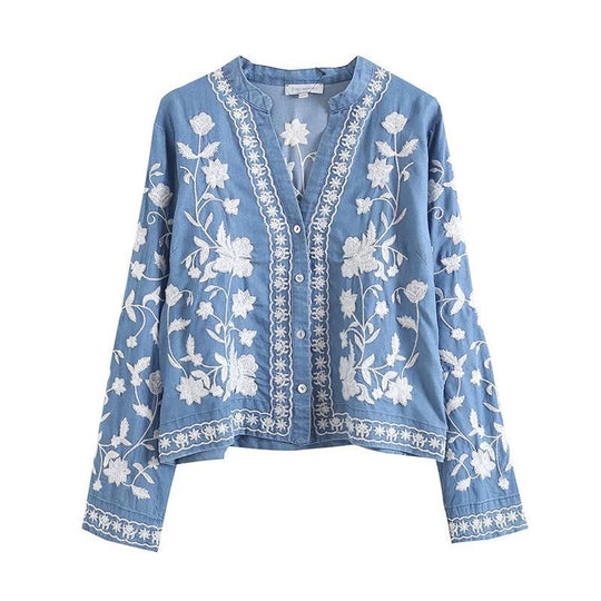Damen gestickte Bluse mit feinen Rüschendetails EB