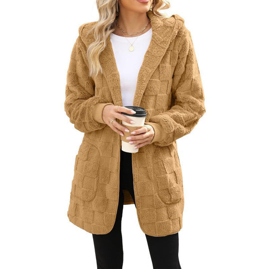 Damen nan kuschelige Kapuzen-Longjacke aus Teddyfleece mit aufgesetzten Taschen und strukturierter Karooptik EB
