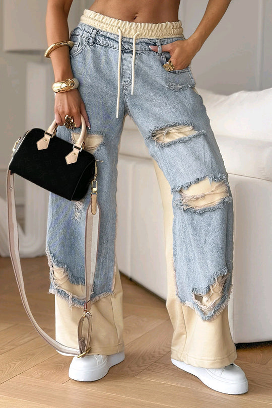 Damen nan weite Patchwork-Jeans mit elastischem Tunnelzugbund, Destroy-Look und kontrastierenden Sweat-Einsätzen EB