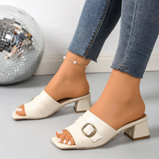 Damen modische Mules mit Blockabsatz und dekorativem Schnallen-Detail EB