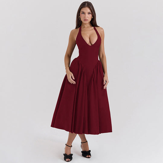 Damen Maxikleid mit elegantem Halterneck und voluminösem Rock Heidi-Mode
