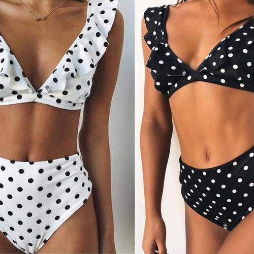 Damen Hoch tailliertes Bikini-Set mit verspielten Rüschen und Pünktchen EB