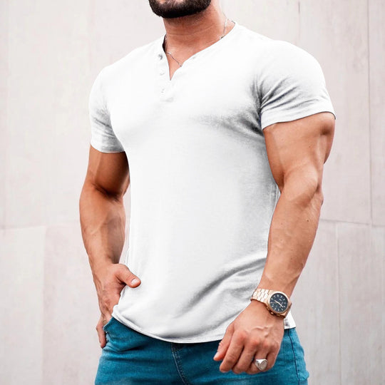 Herren nan muskelbetontes Kurzarmshirt mit Knopfleiste und V-Ausschnitt aus Baumwollstretch EB