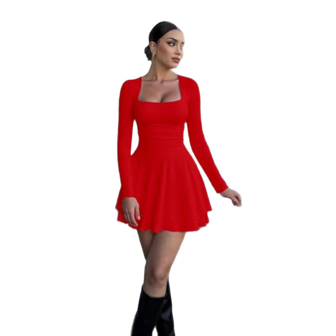 Damen Figurbetontes Jersey-Minikleid mit quadratischem Ausschnitt, taillierter Passform und Stufenrock EB