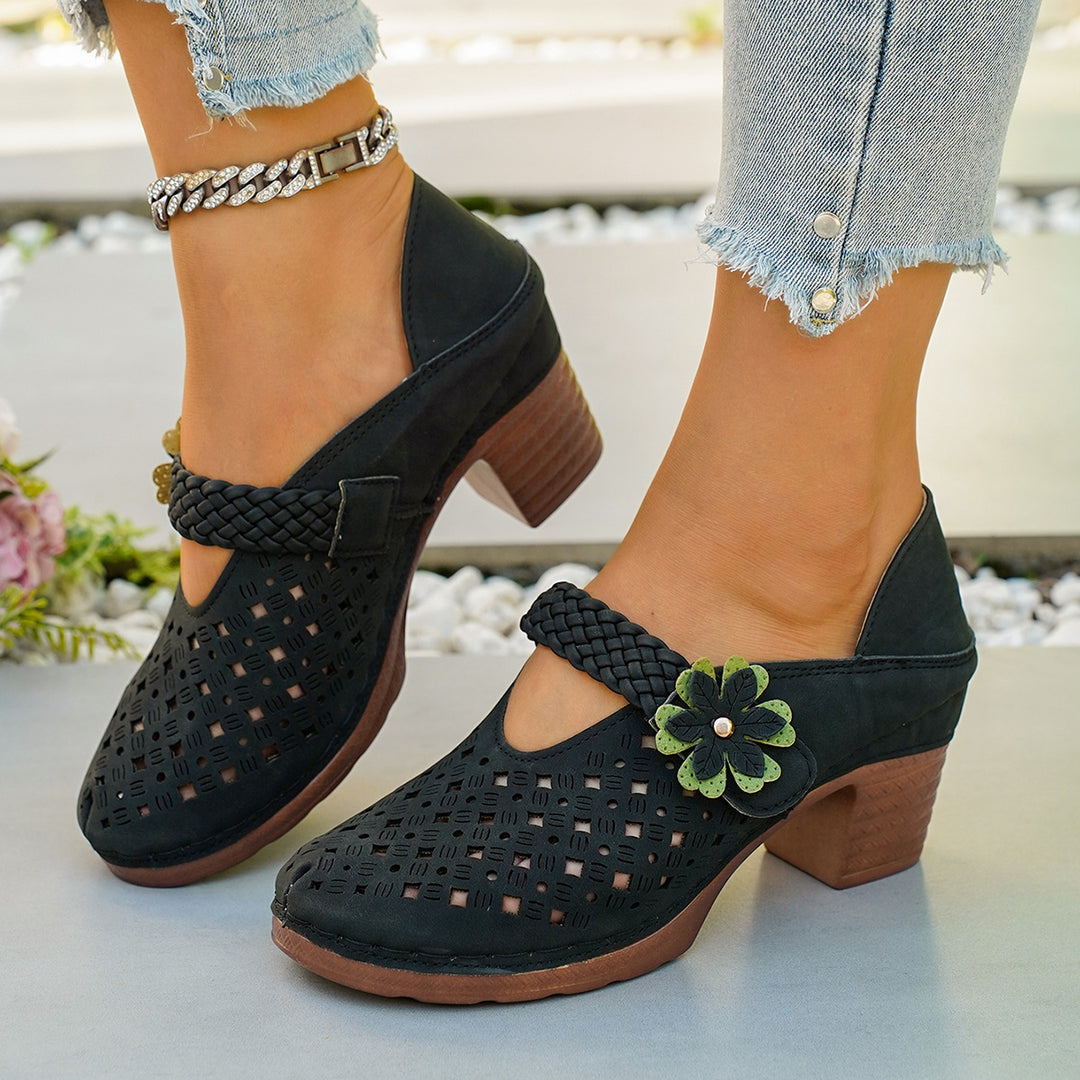 Damen elegante Pantoletten mit floralem Dekor und geflochtenem Riemen EB