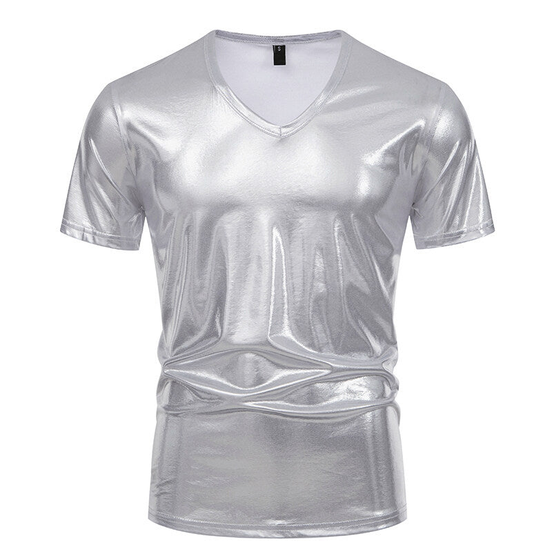 Herren V-Ausschnitt T-Shirt aus glänzendem Material mit persönlichem Stil EB