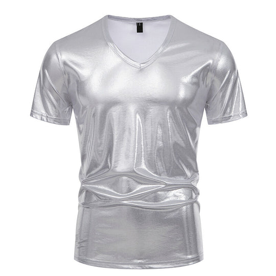 Herren V-Ausschnitt T-Shirt aus glänzendem Material mit persönlichem Stil EB