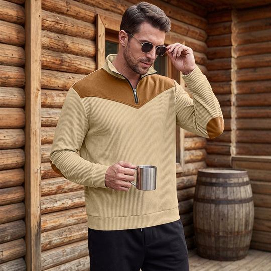 Herren Strickpullover mit Troyerkragen, Rippenstruktur und Ellbogen-Patches EB